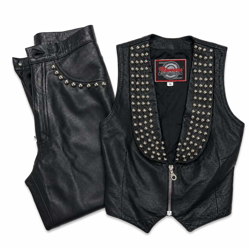 Milwaukee Motorcycle Clothing Co. Leather Studded Vest and Pants Set Size XS